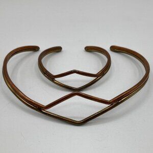 Vintage Copper Collar Necklace & Cuff Bracelet Jewelry Set Diamond Design Shape